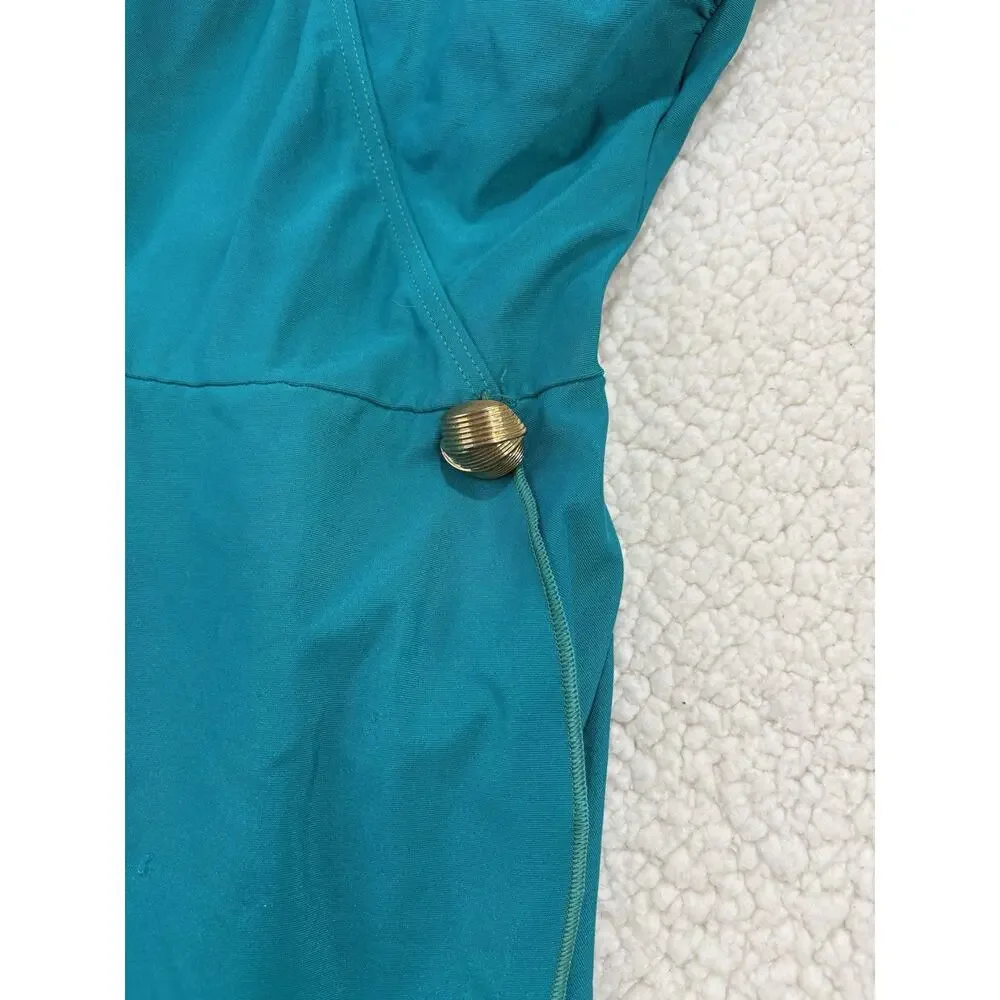 Vintage‎ Christina One Piece Swimsuit Modest Swim Dress Wrap Teal Gold Button 10